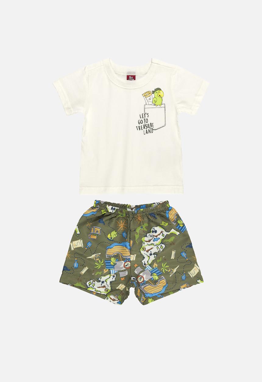 Bee Loop - Jersey tee and microfiber shorts set - off white & khaki 
