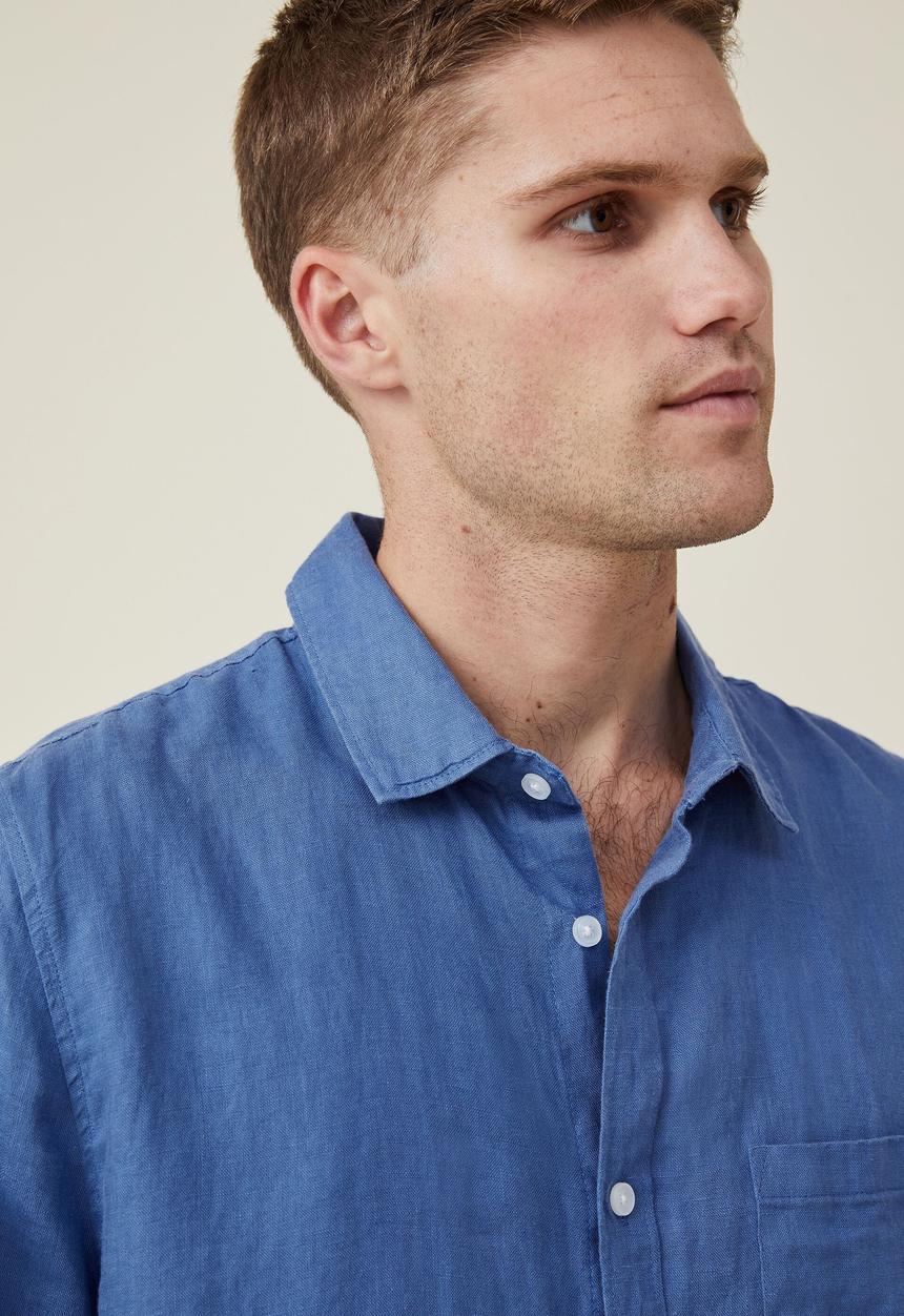 Cotton On - Linen short sleeve shirt - pacific blue