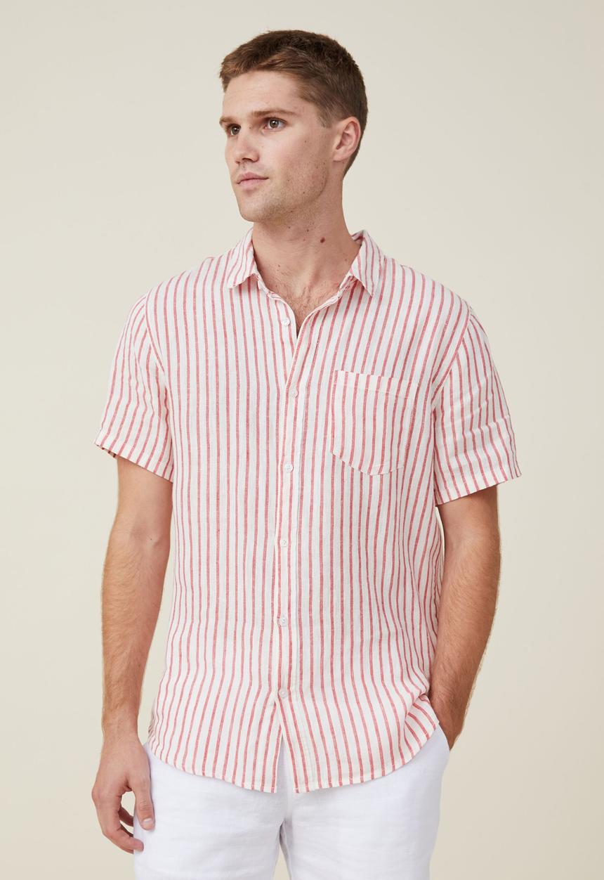 Cotton On - Linen short sleeve shirt - sport red stripe