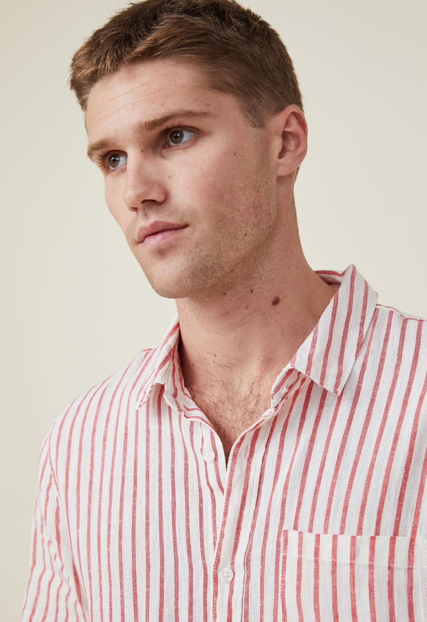 Cotton On - Linen short sleeve shirt - sport red stripe
