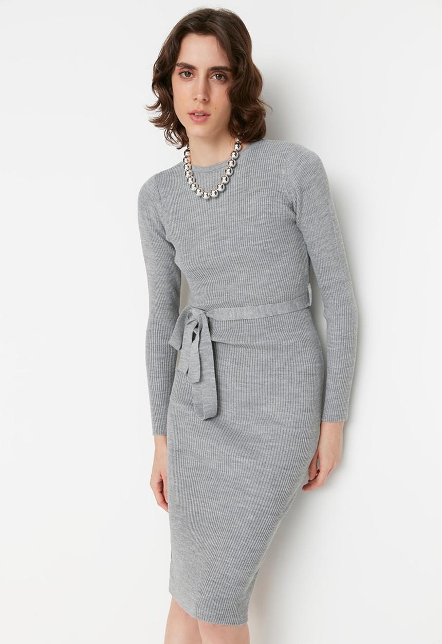 Trendyol - Belted knit midi dress - grey