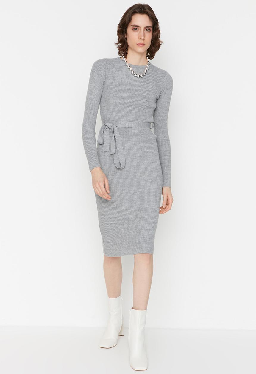 Trendyol - Belted knit midi dress - grey