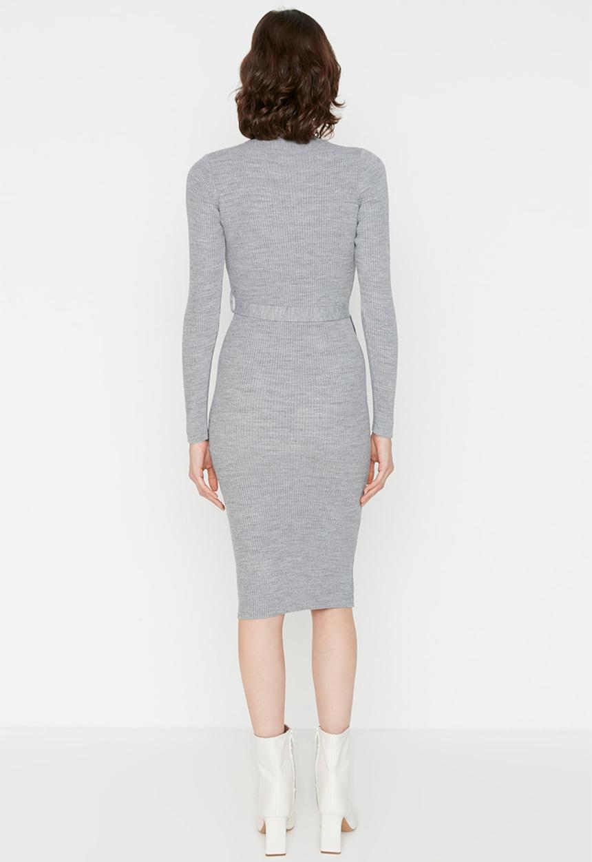 Trendyol - Belted knit midi dress - grey