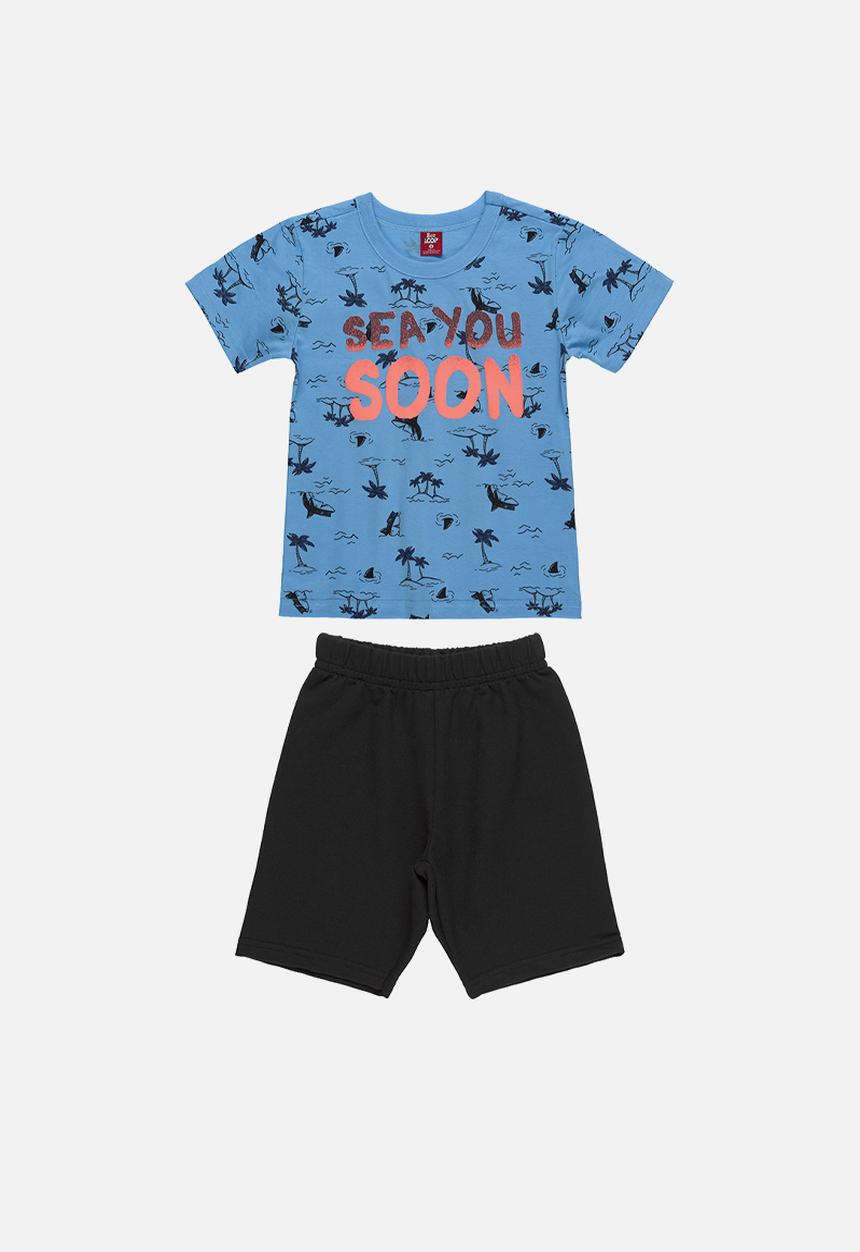 Bee Loop - Single jersey T-shirt and sweat bermuda set - blue & black 