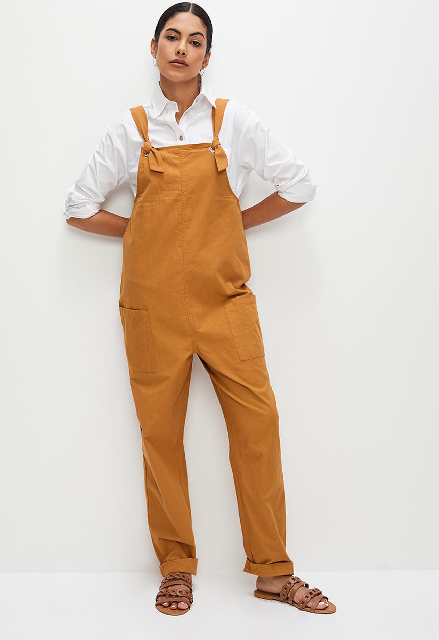 edit - Linen loose fit dungaree - tobacco