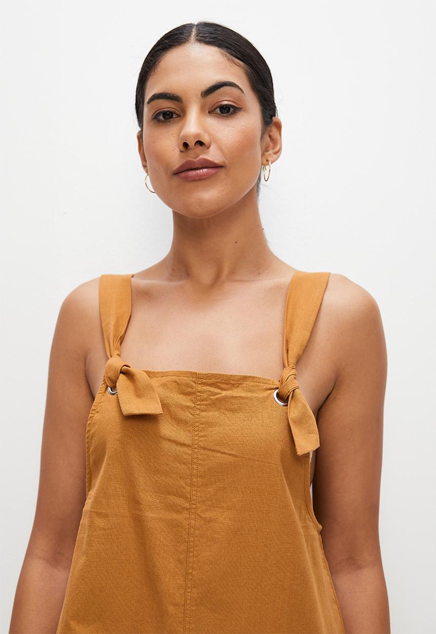 edit - Linen loose fit dungaree - tobacco