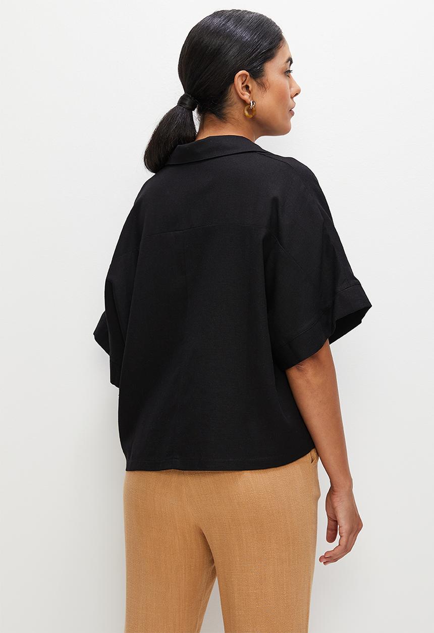 edit - Collared boxy linen shell - black