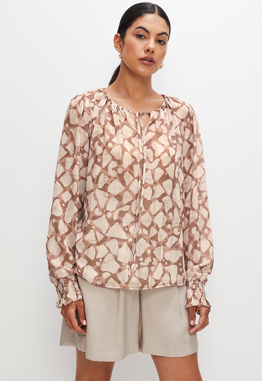 edit - Chiffon shirred sleeve blouse - natural giraffe