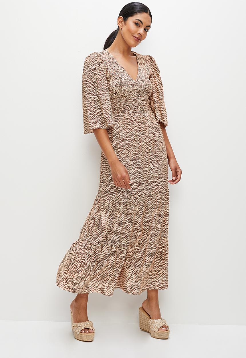 edit - Shirred bodice print mix maxi - rust minimal croc