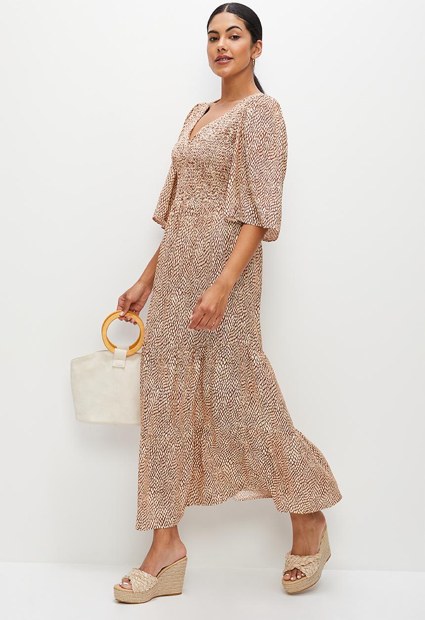 edit - Shirred bodice print mix maxi - rust minimal croc