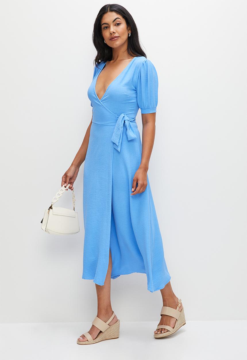 MILLA - Linen wrap dress - clear sky