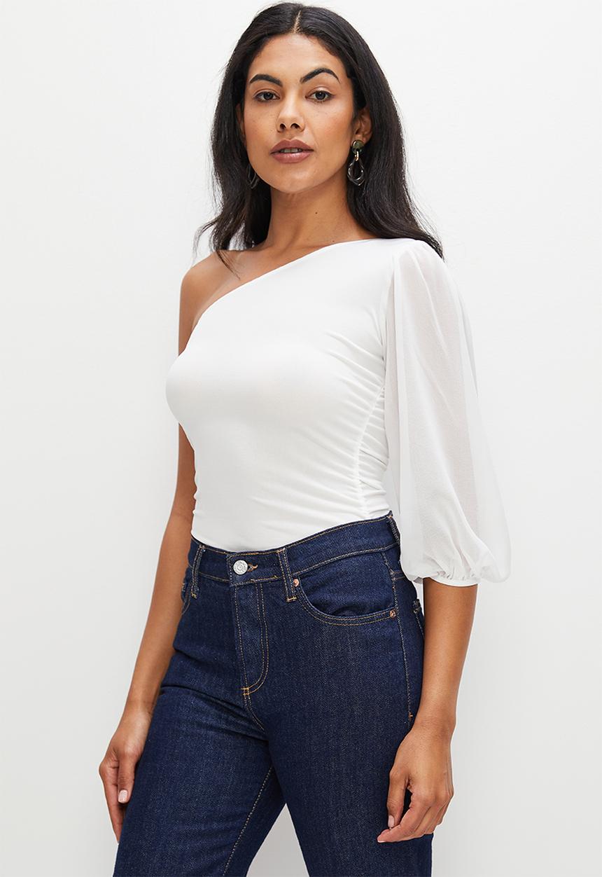 MILLA - Asymmetric chiffon sleeve bodysuit - ivory