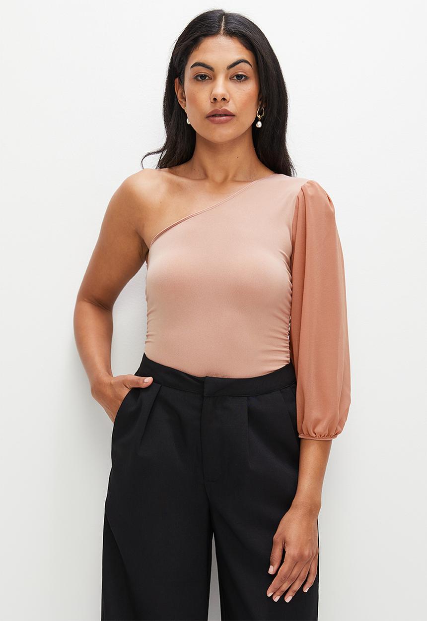 MILLA - Asymmetric chiffon sleeve bodysuit - coral