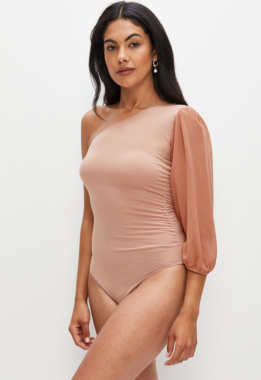MILLA - Asymmetric chiffon sleeve bodysuit - coral