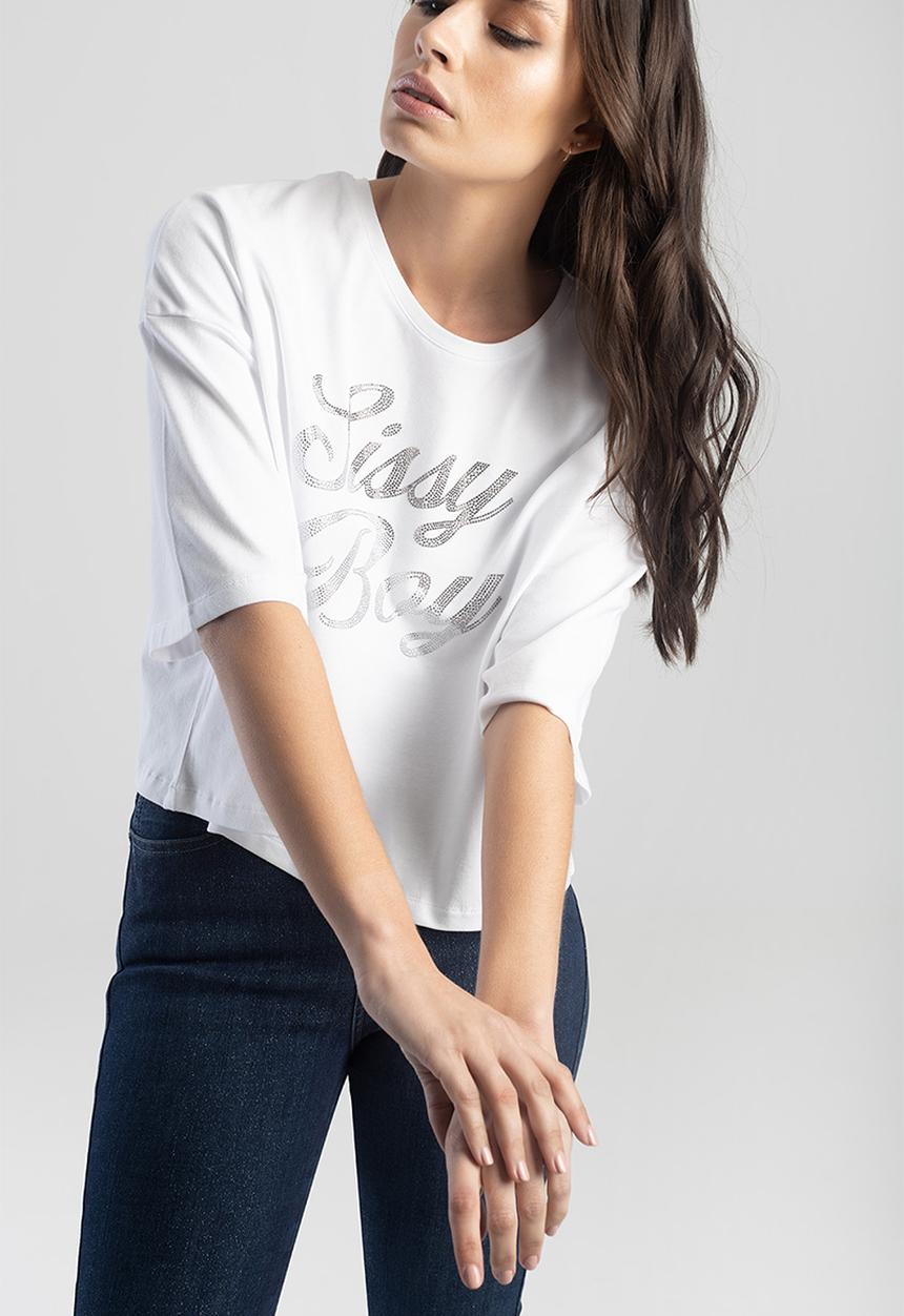 SISSY BOY - Double glam: boxy oversized bling logo top - white