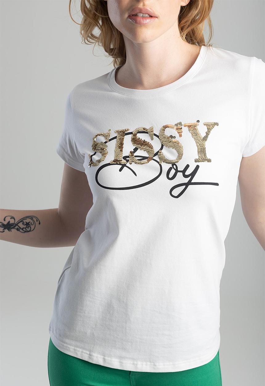 SISSY BOY - Here i am: fashion tee with sequin logo - white