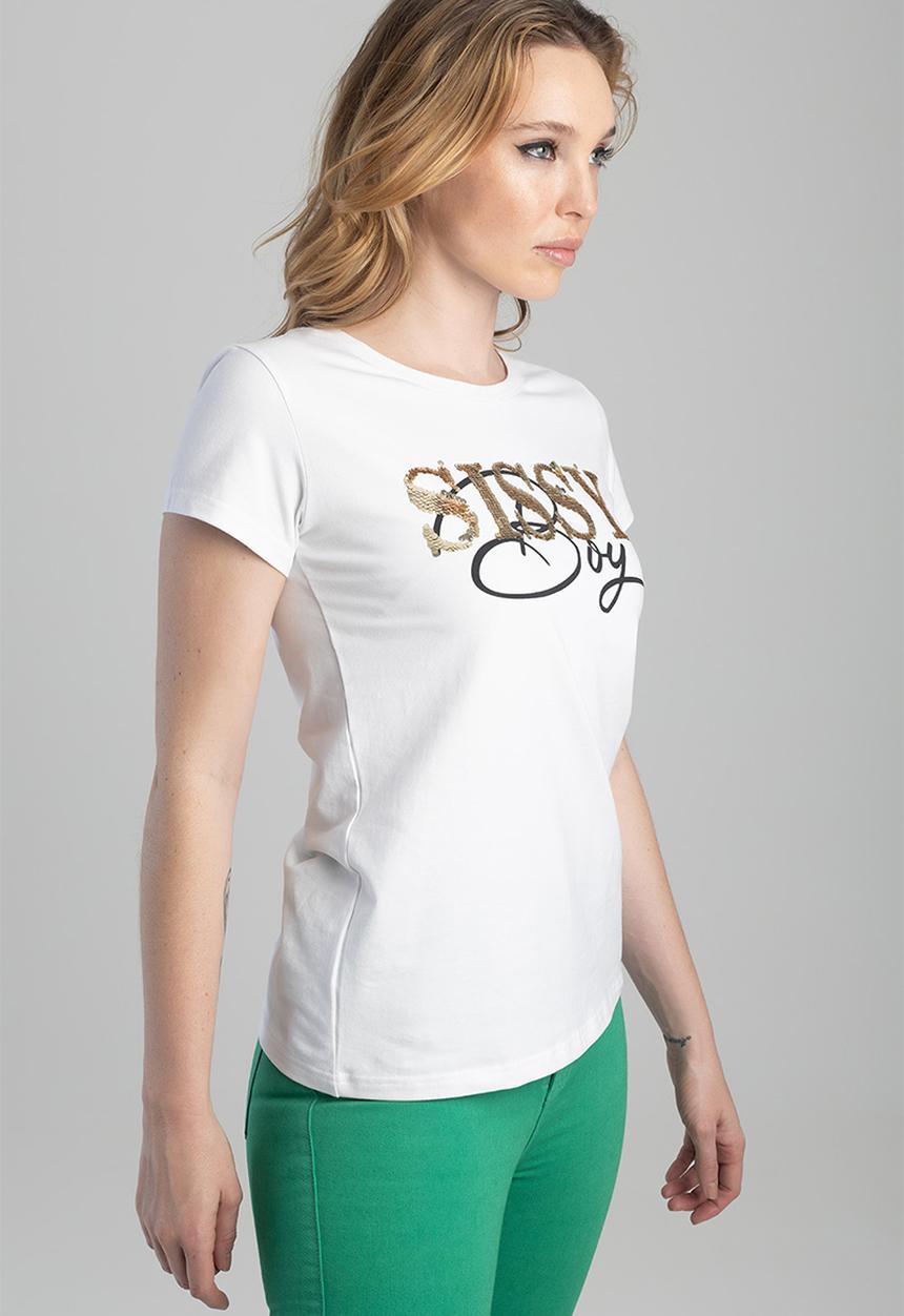 SISSY BOY - Here i am: fashion tee with sequin logo - white