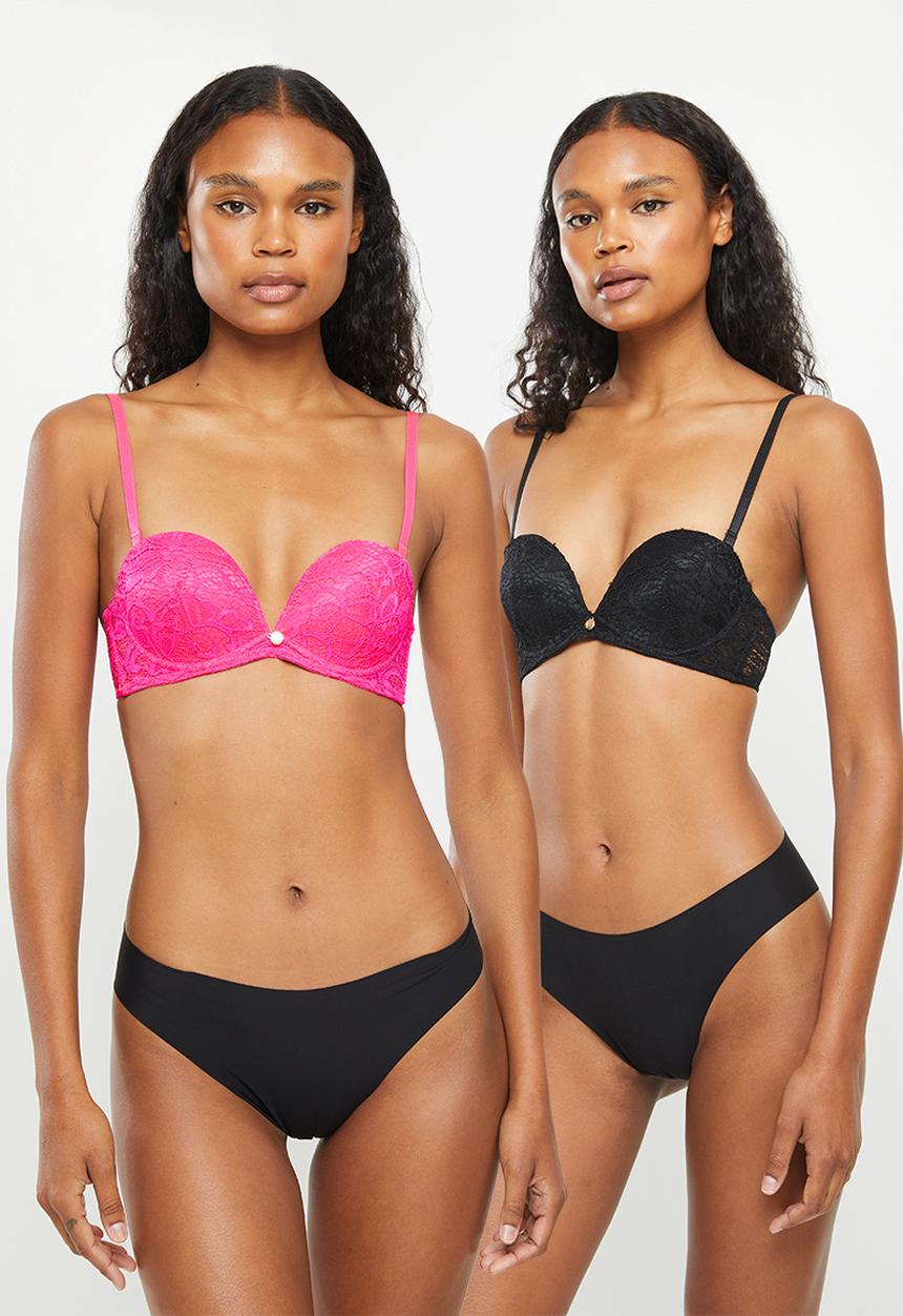KANGOL - 2pk all-over lace low plunge multiway bra - black & neon candy pink