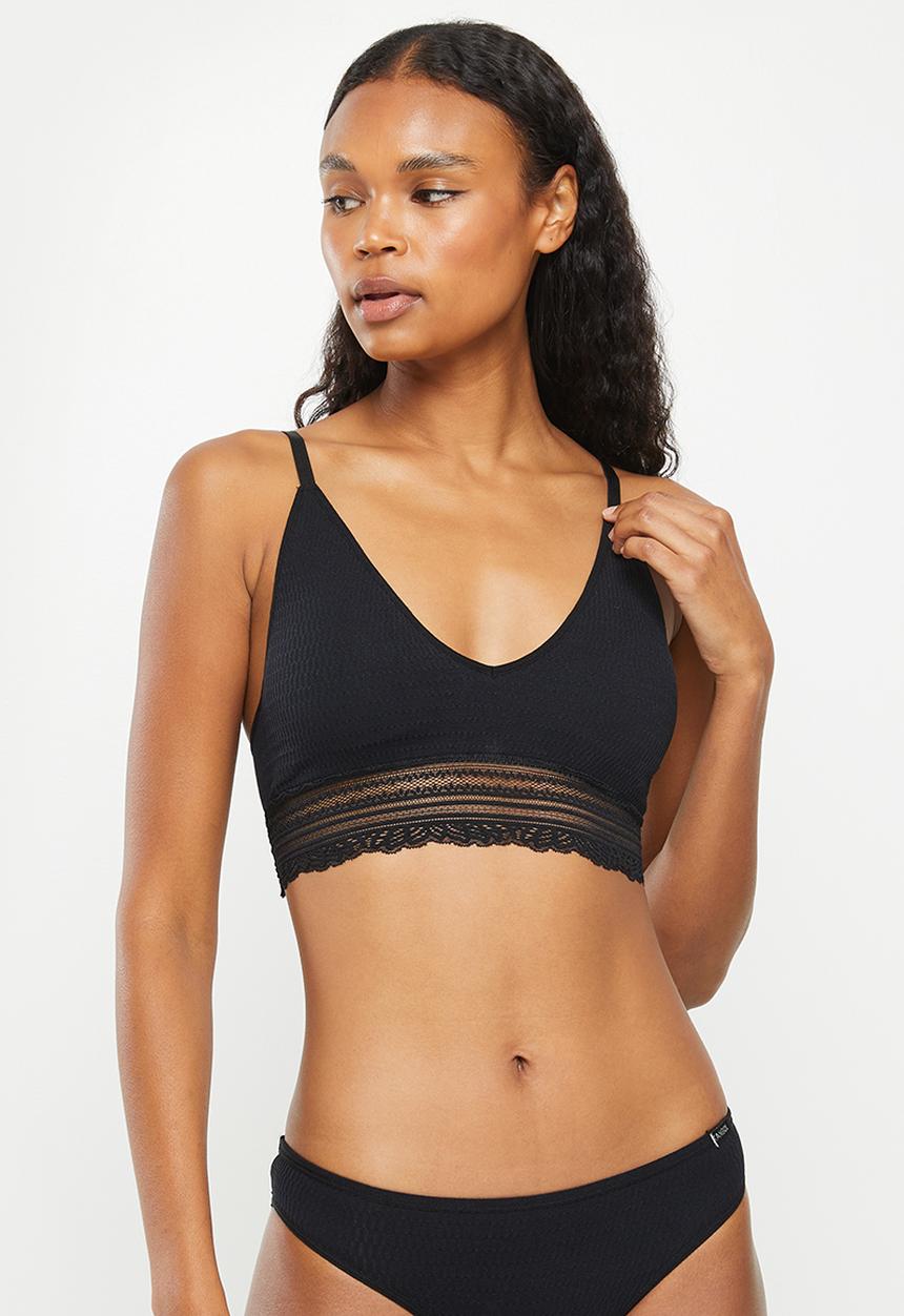 KANGOL - Single ribbed seamless plunge crop with geo lace underband & lurex lable - waffle texture