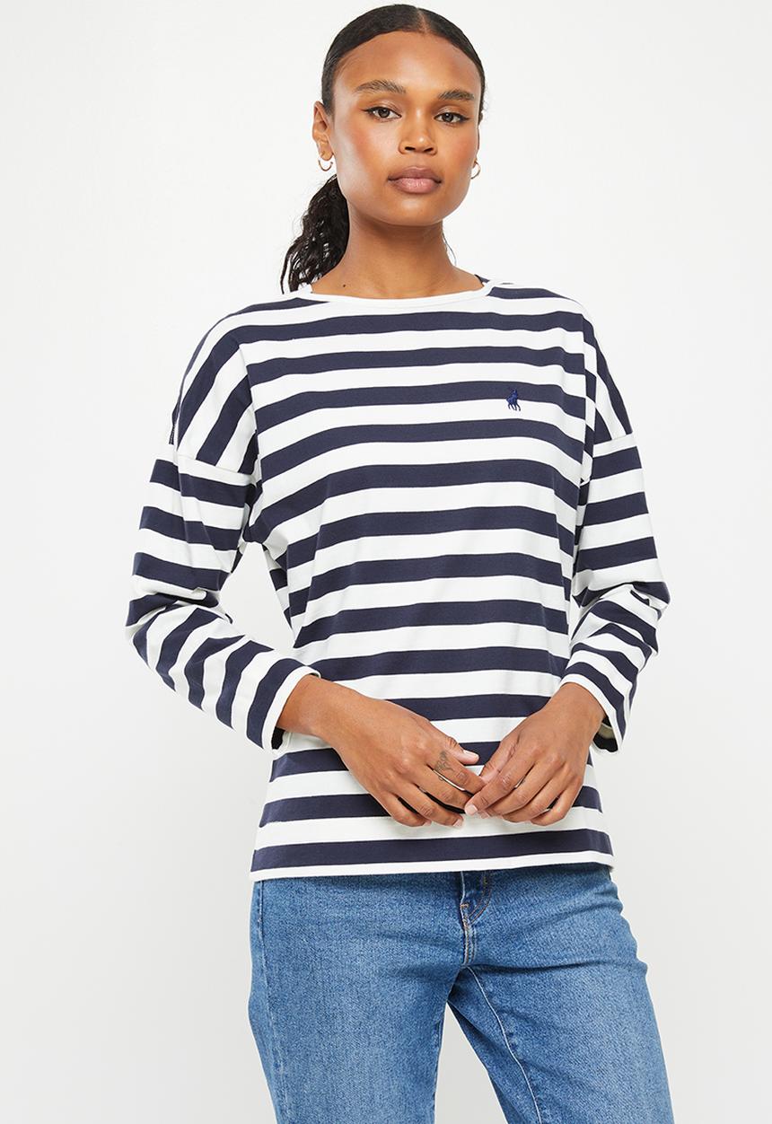 POLO - Jamie long sleeve drop shoulder stripe T-shirt - navy