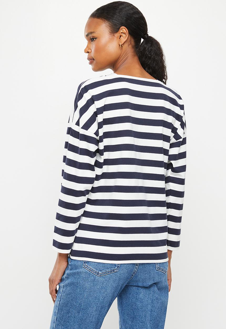 POLO - Jamie long sleeve drop shoulder stripe T-shirt - navy