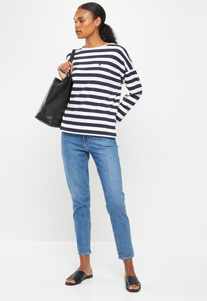 POLO - Jamie long sleeve drop shoulder stripe T-shirt - navy