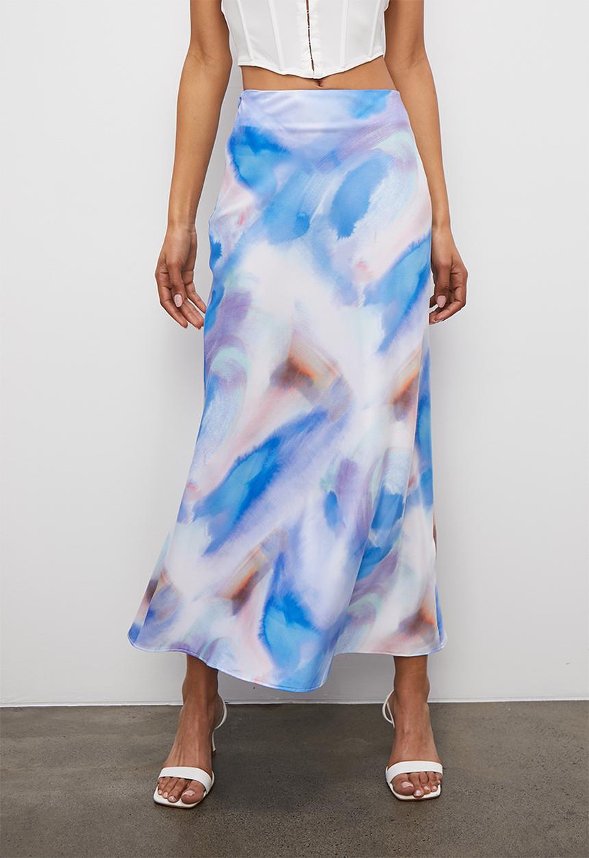 Superbalist - Long midi slip skirt - blues watercolour