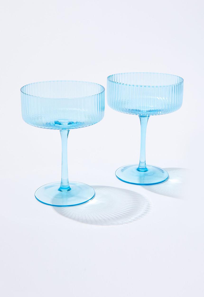 Typo - Set of 2 ribbed glass coupes - arctic blue