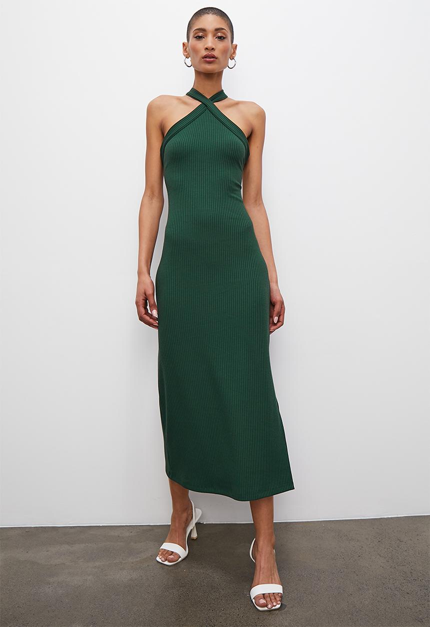 VELVET - Halter knit tank dress with open back - forest green