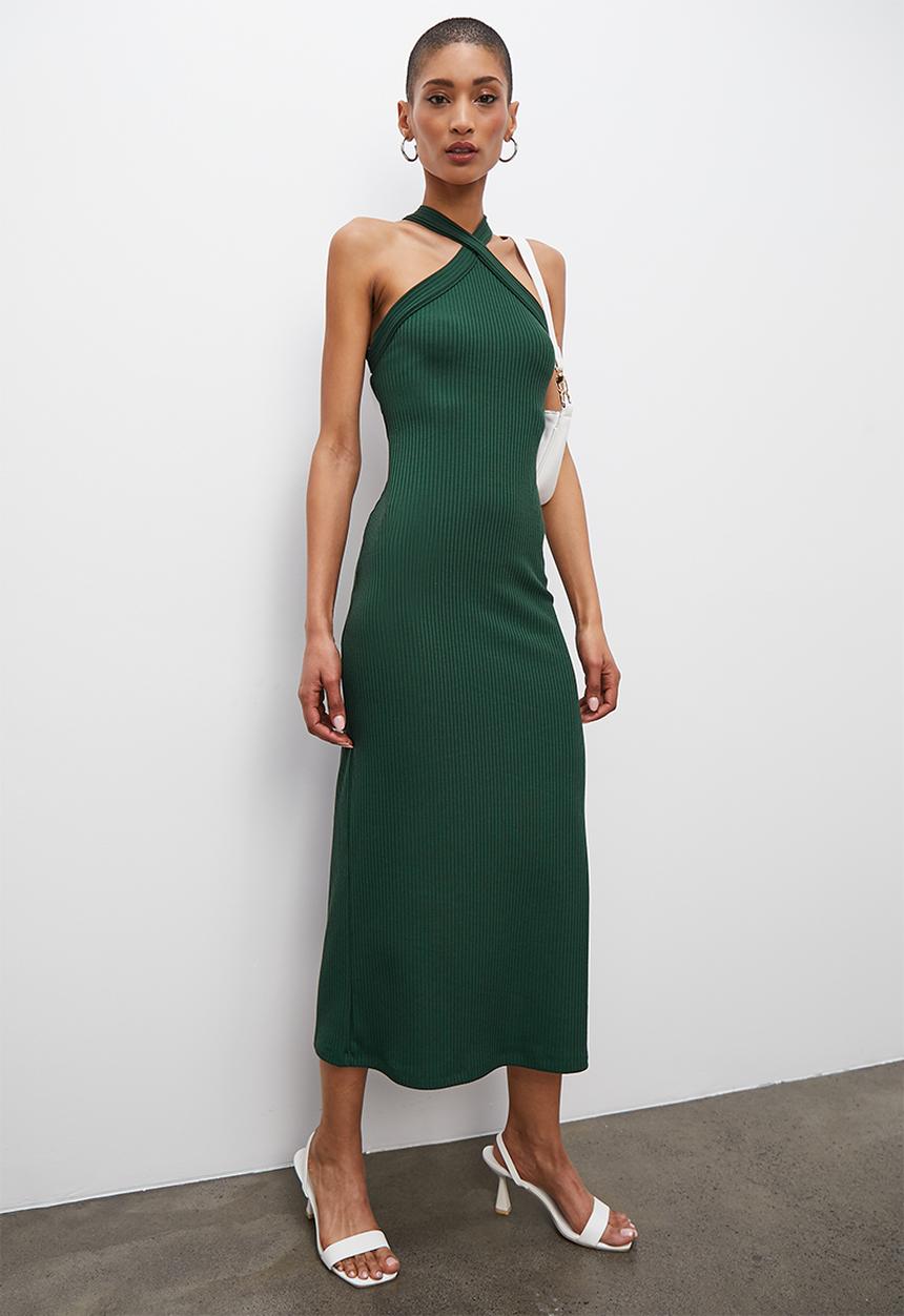 VELVET - Halter knit tank dress with open back - forest green