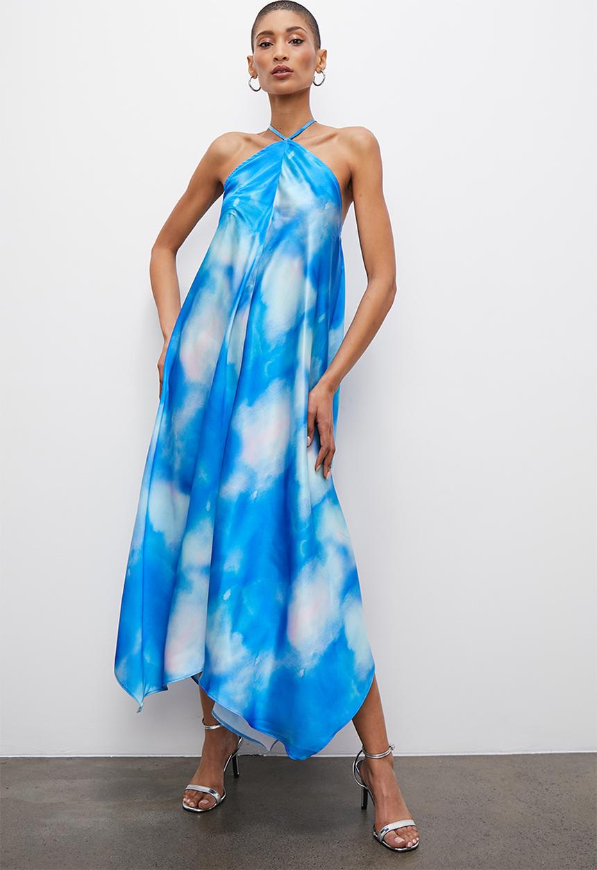 VELVET - Printed halter hanky trapeze dress - watercolour