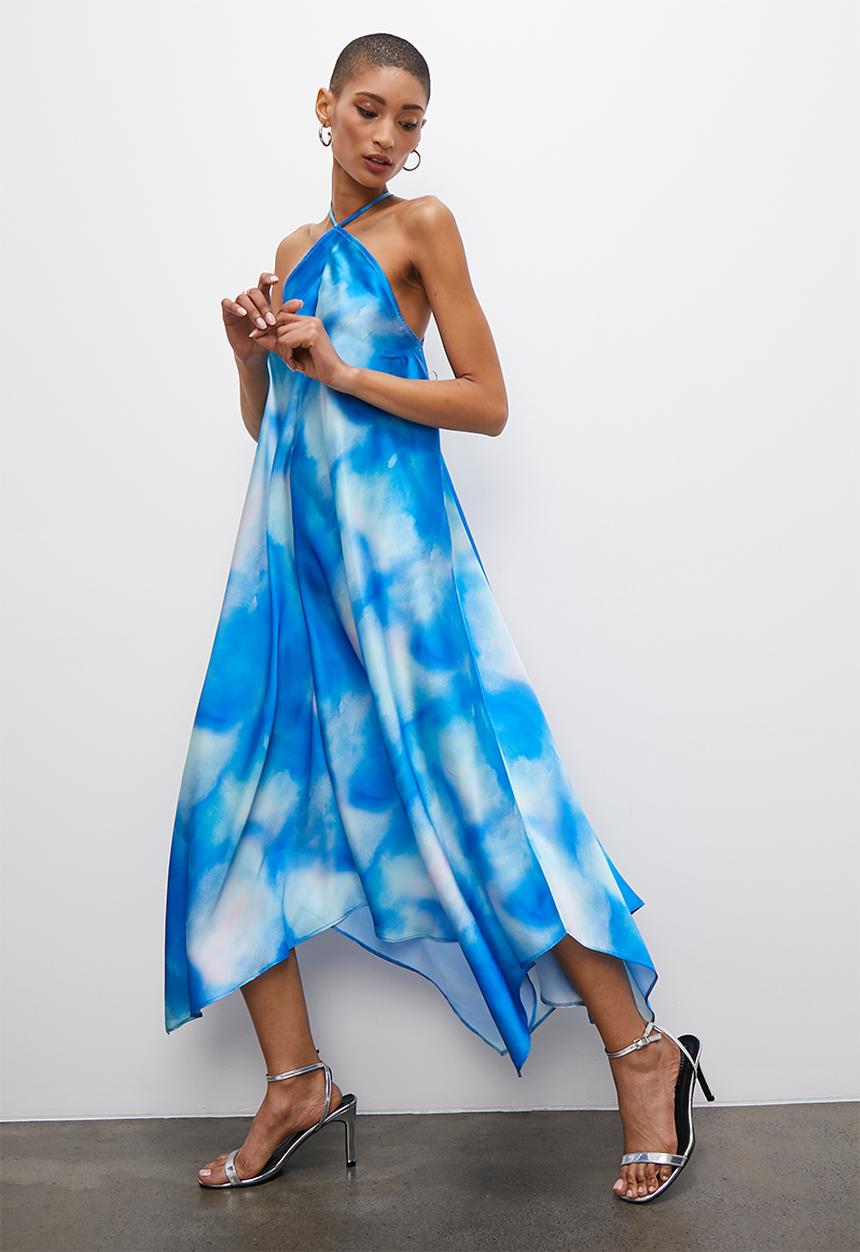 VELVET - Printed halter hanky trapeze dress - watercolour