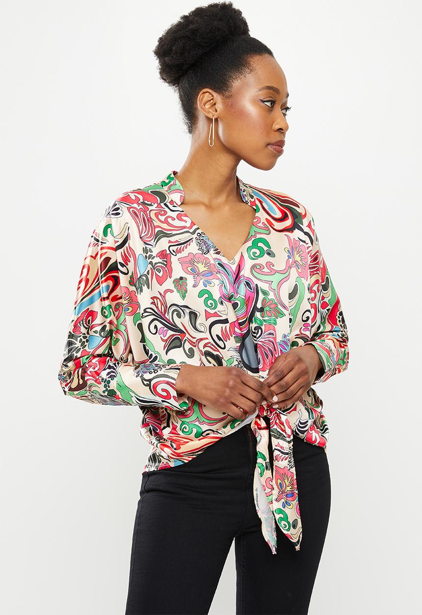 SISSY BOY - Knot into you: satin blouse with front tie - beige multi