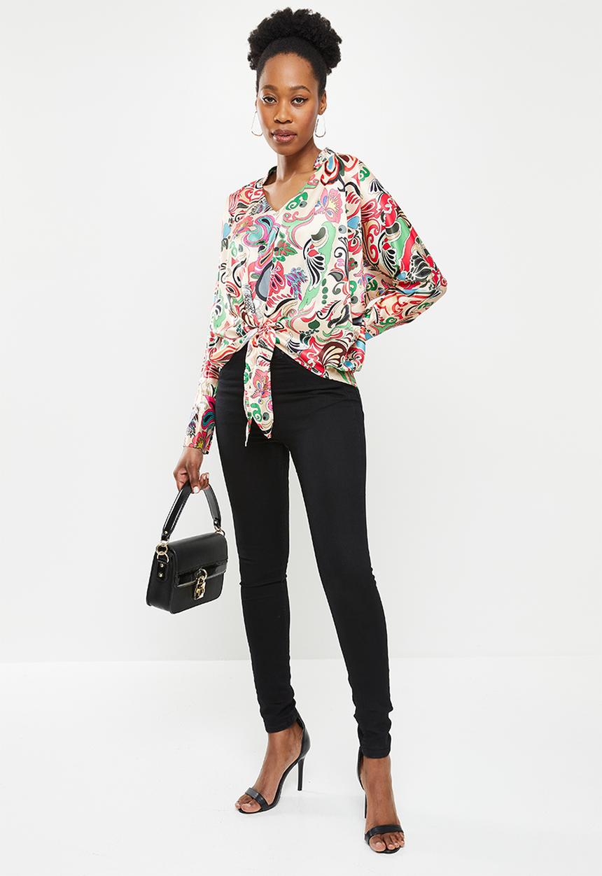 SISSY BOY - Knot into you: satin blouse with front tie - beige multi