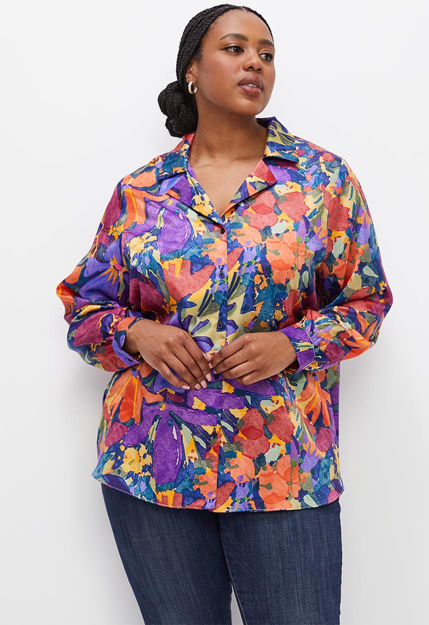 edit Plus - Satin floral shirt - navy bold painted floral