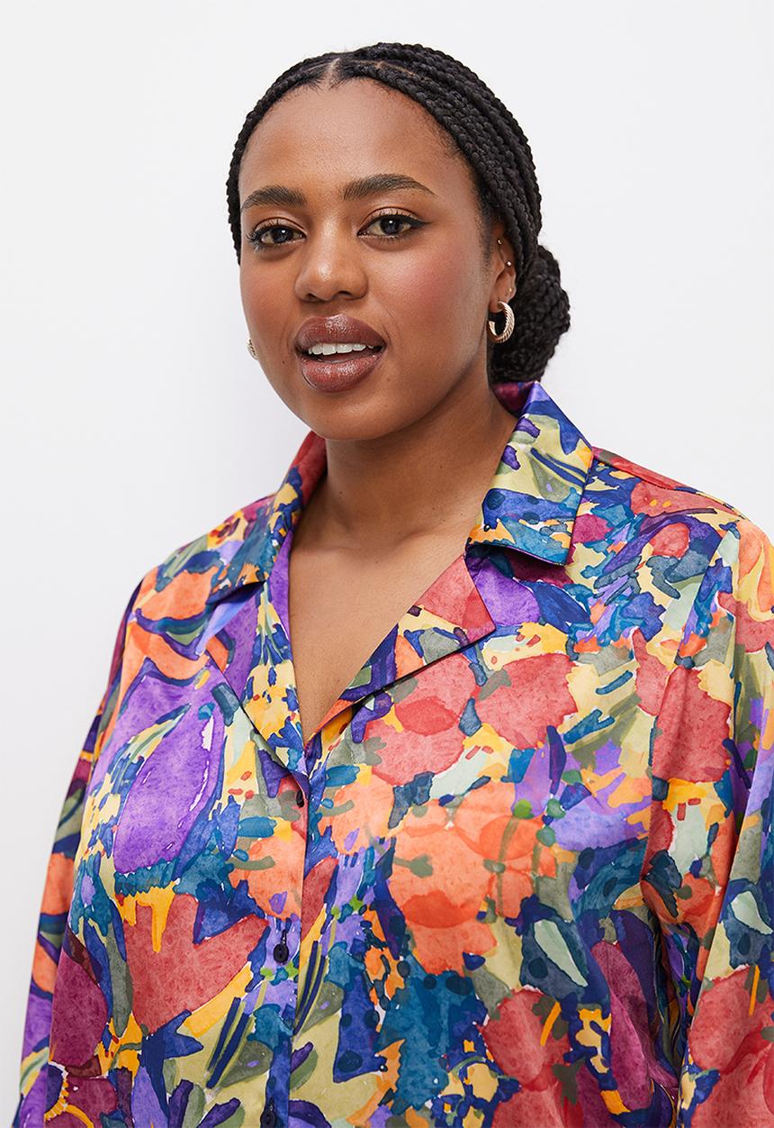 edit Plus - Satin floral shirt - navy bold painted floral