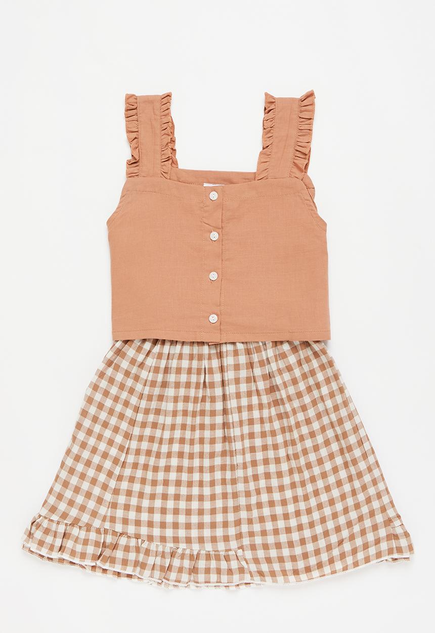 Pop Candy - Girls top & check skirt set - rust