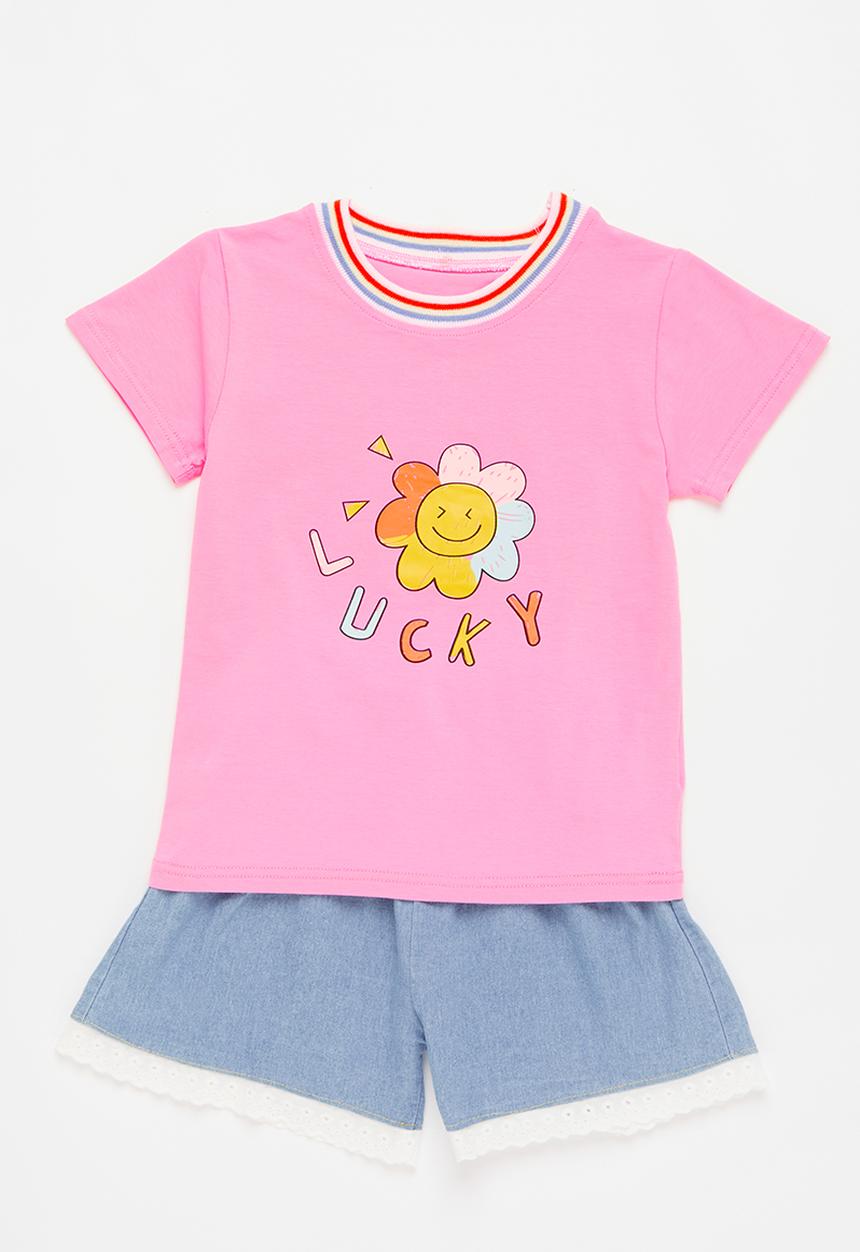 Pop Candy - Girls lucky tee & short set - pink & blue