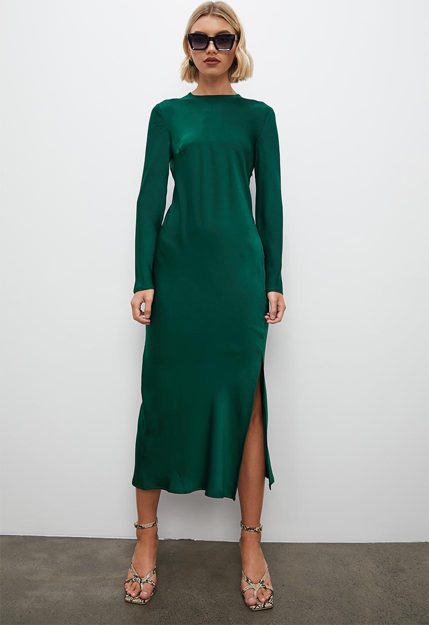 VELVET - Long sleeve satin slip dress with slit - bottle green