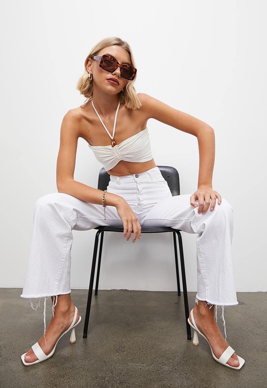VELVET - Co ord halter with ruched front crop top - winter white