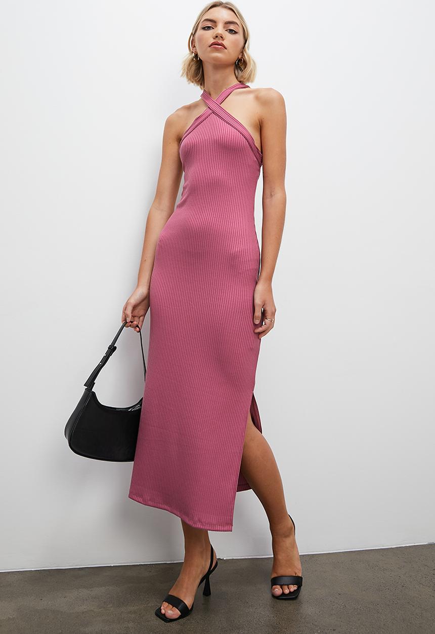 VELVET - Halter knit tank dress with open back - mulberry