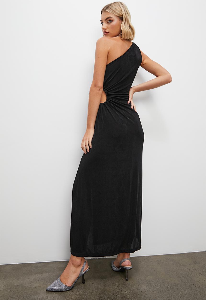 VELVET - Asym drawstring side cut out detail maxi dress - black