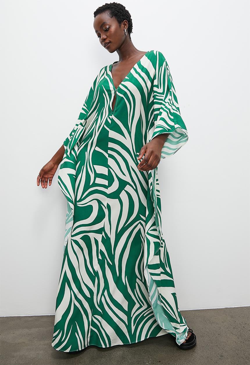 VELVET - Maxi kaftan dress with front keyhole - mono animal green