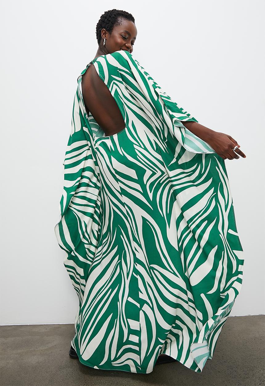 VELVET - Maxi kaftan dress with front keyhole - mono animal green