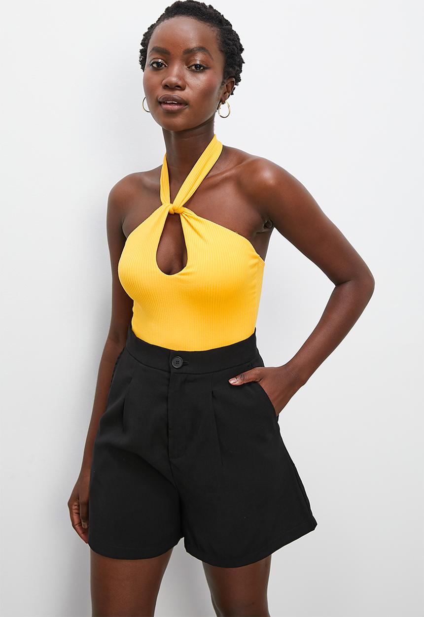 VELVET - Knot front detail halter bodysuit - yolk