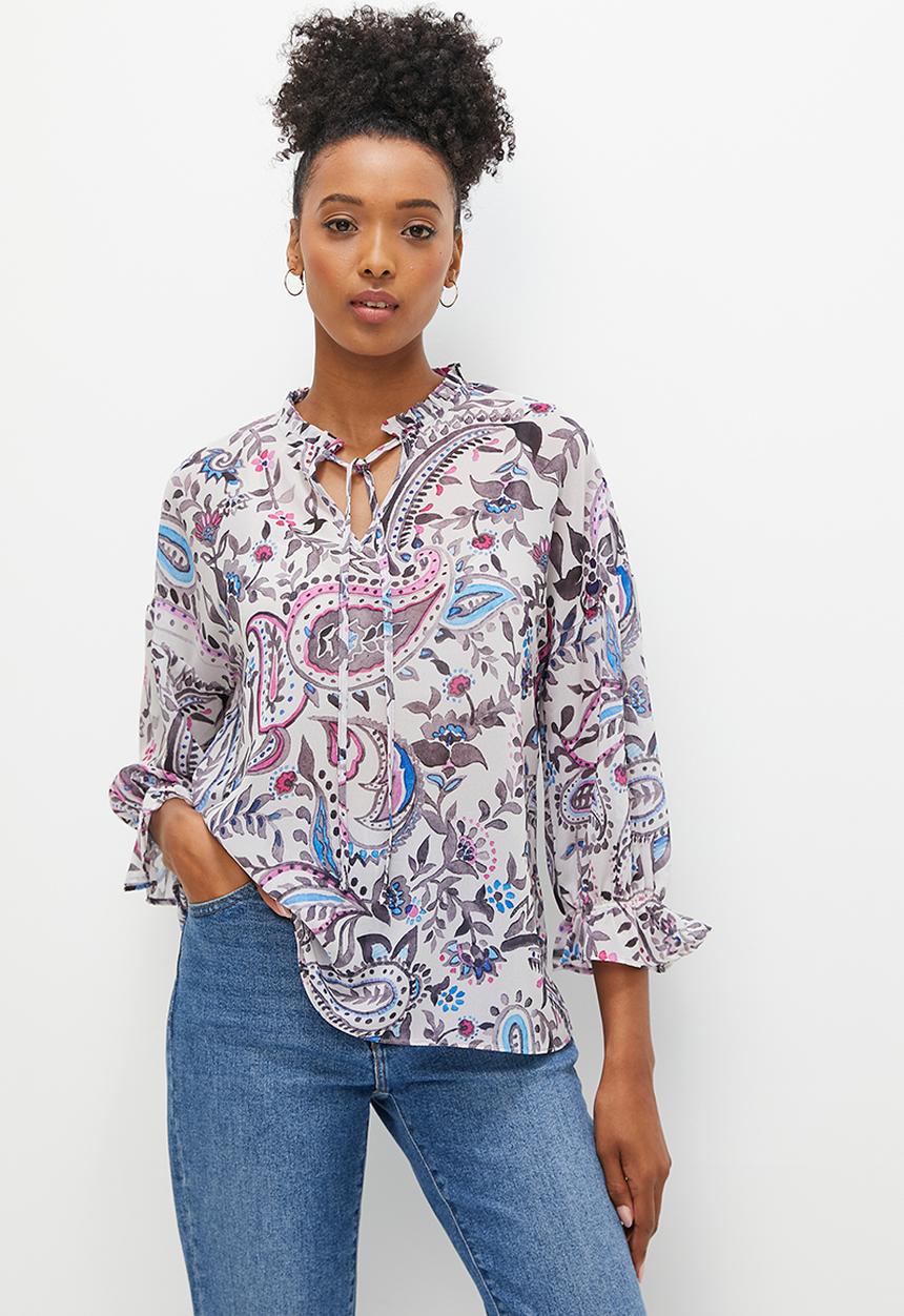 edit - Fluted split sleeve chiffon blouse - purples paisley