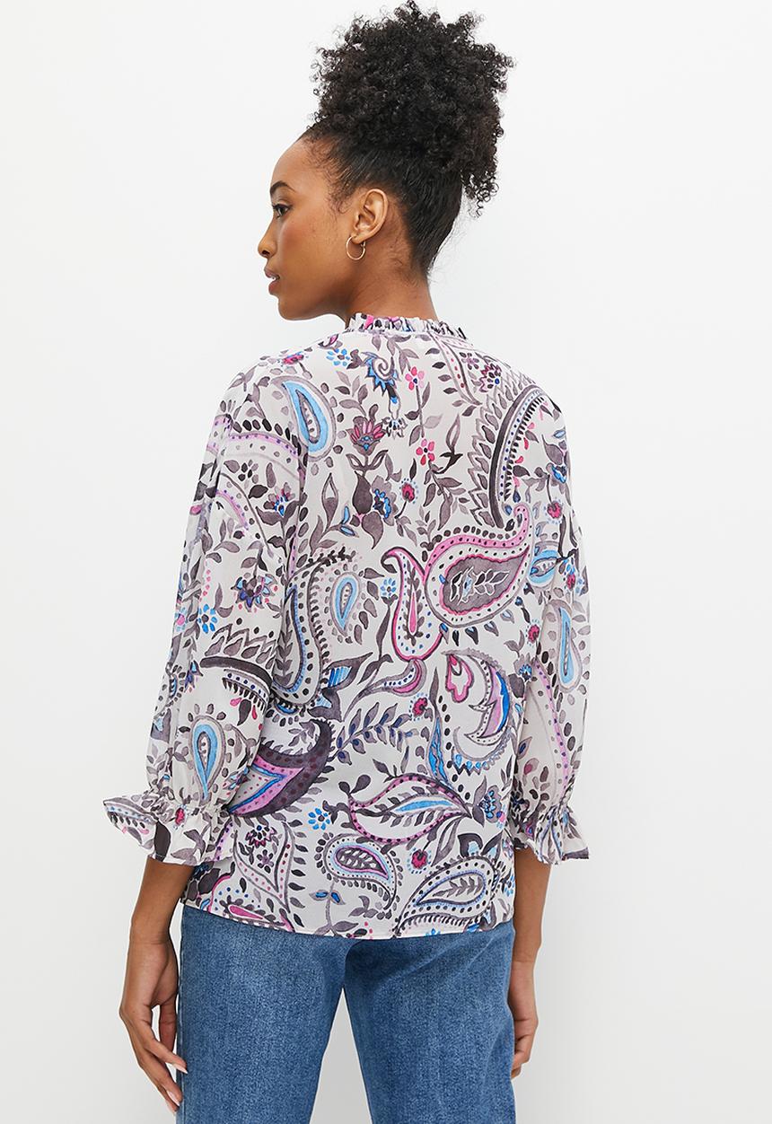 edit - Fluted split sleeve chiffon blouse - purples paisley