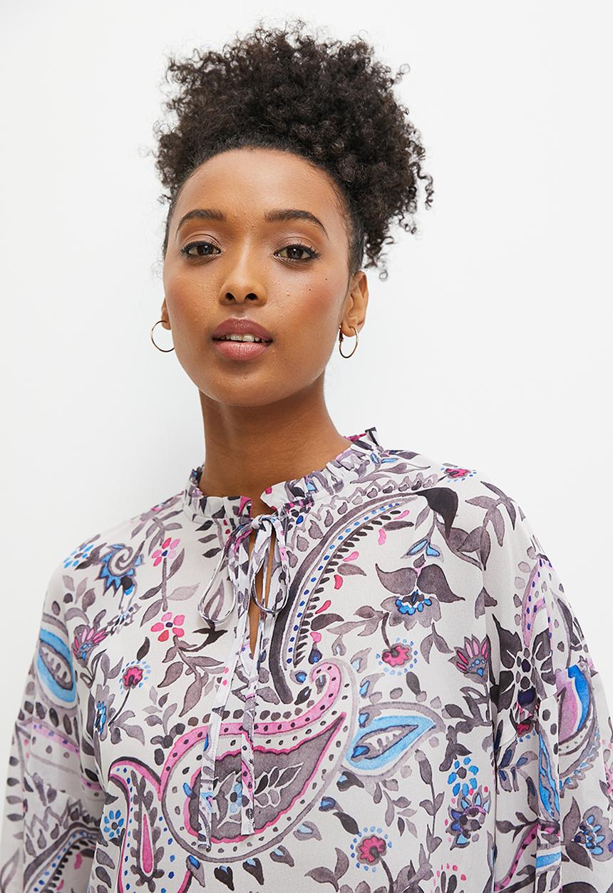 edit - Fluted split sleeve chiffon blouse - purples paisley
