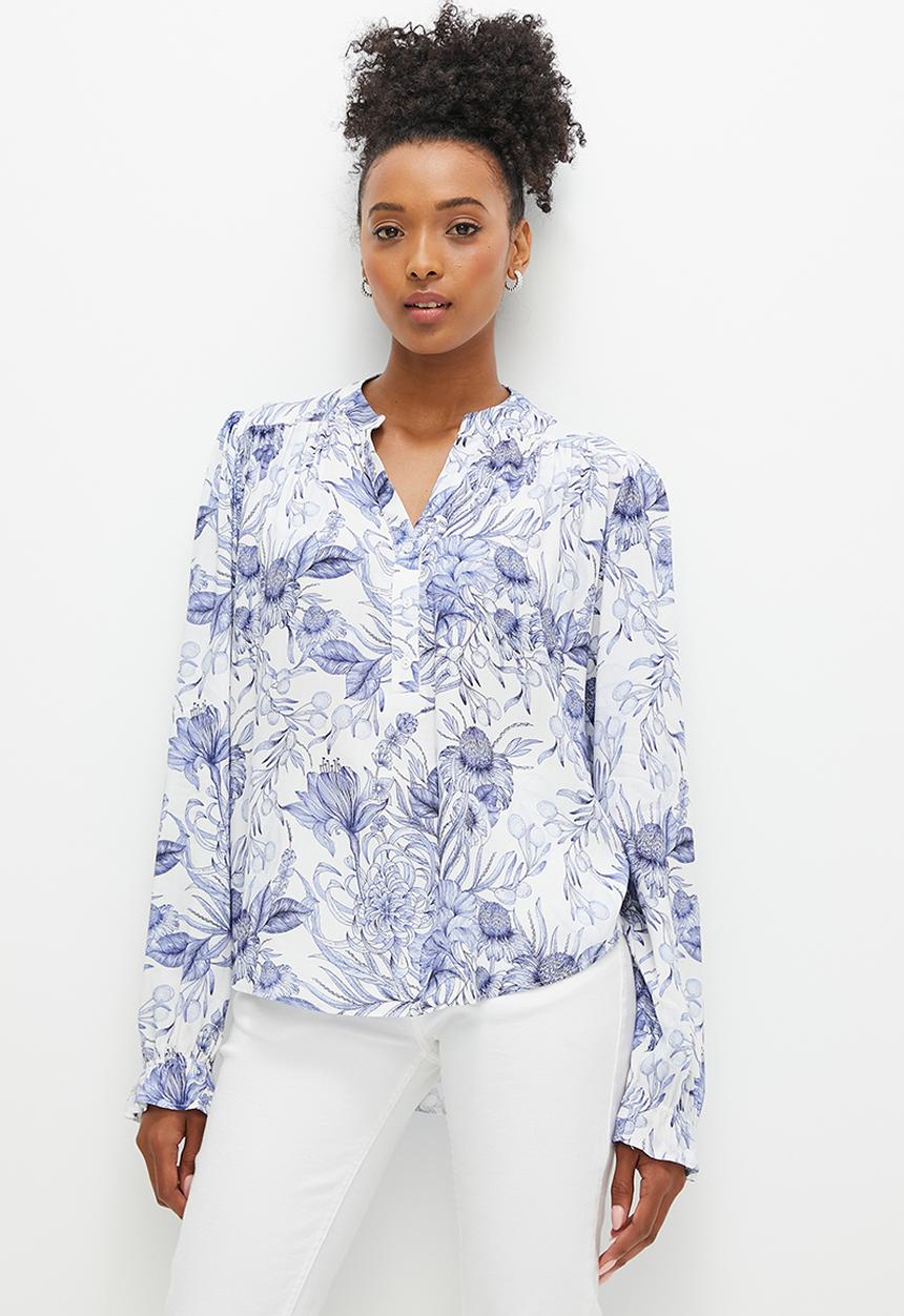 edit - Mandarin bellow sleeve peasant blouse - blues botanical