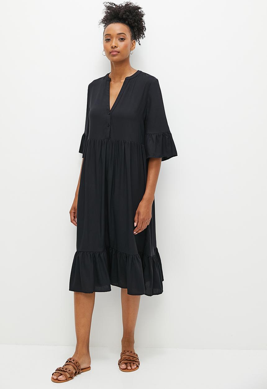 edit - Mandarin collar tiered swing dress - black
